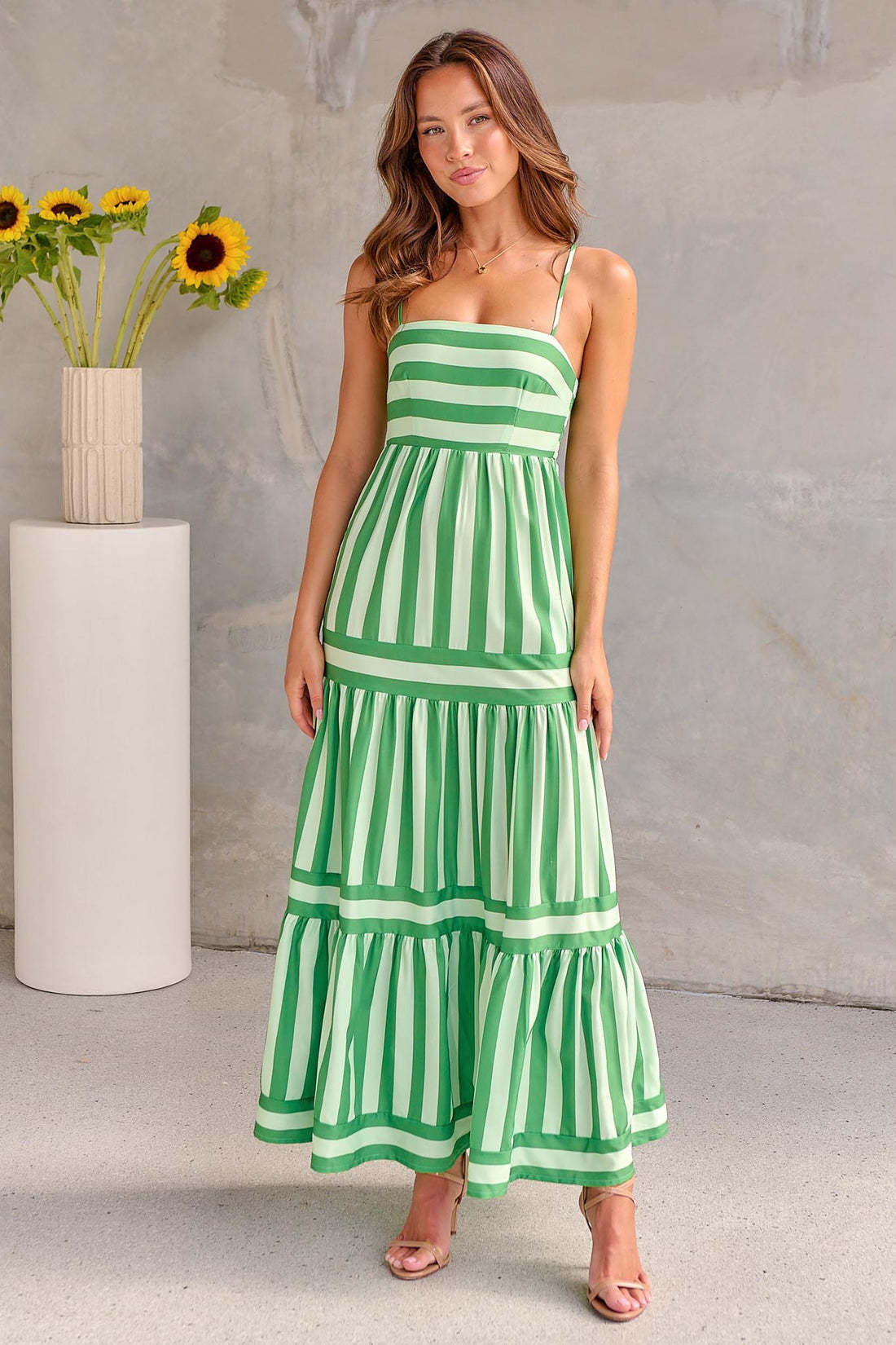 Striped Printed Long Dress With Pockets