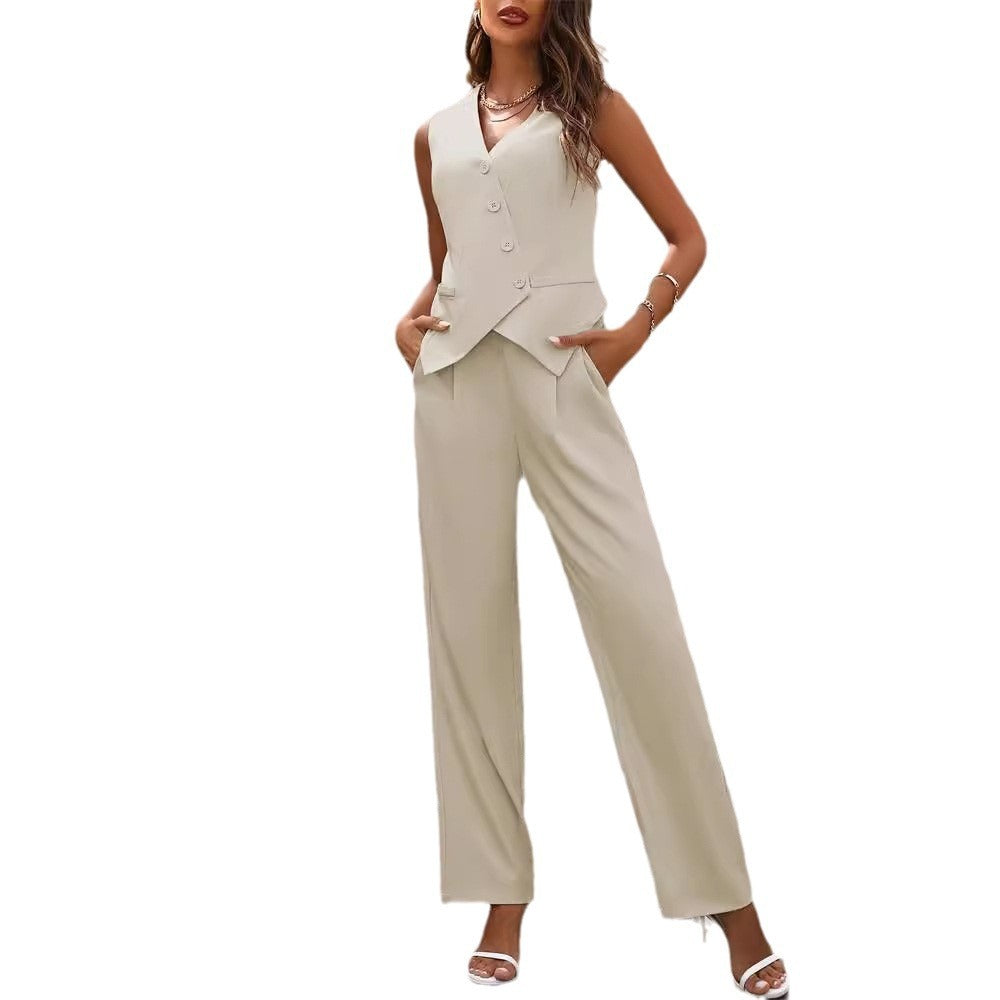 Sleeveless  Button And Staight Trouser Suit