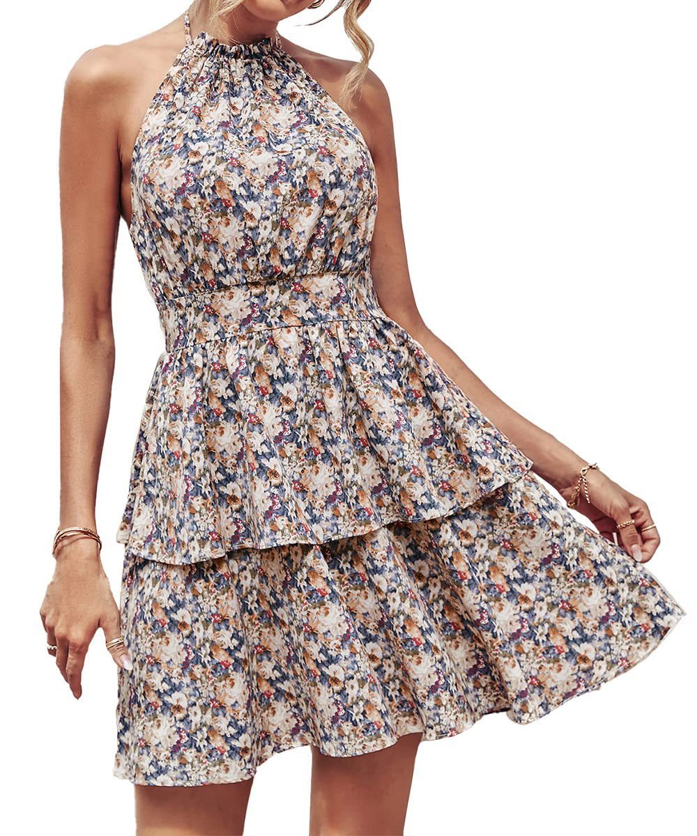 Ruffled A-Line Printed Halter Dress