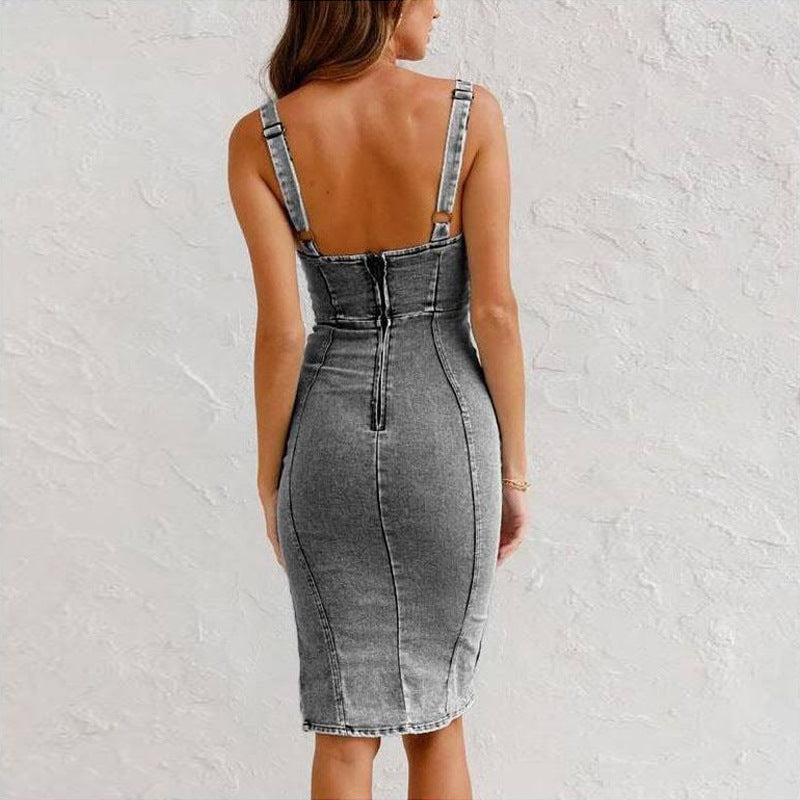 U-Neck Slit Design Denim Dress