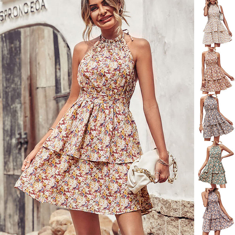 Ruffled A-Line Printed Halter Dress