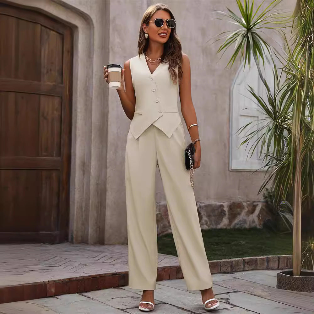 Sleeveless  Button And Staight Trouser Suit