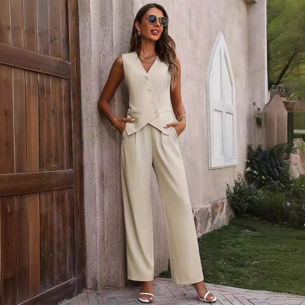 Sleeveless  Button And Staight Trouser Suit