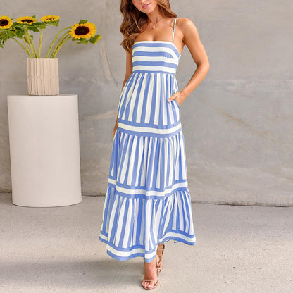 Striped Printed Long Dress With Pockets