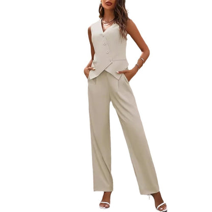Sleeveless  Button And Staight Trouser Suit