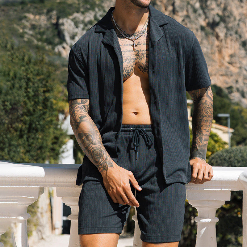 Lapel Button Shirts And Shorts Set