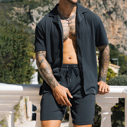 Lapel Button Shirts And Shorts Set