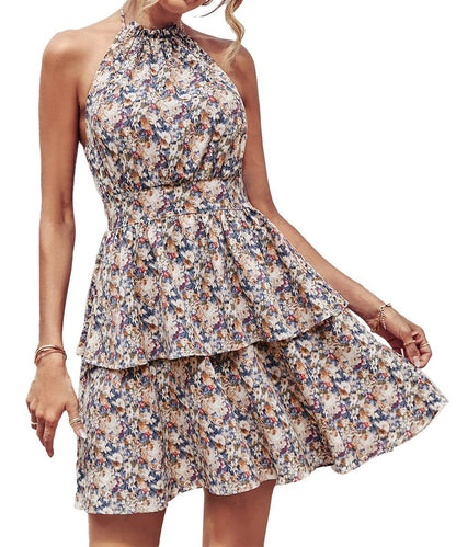 Ruffled A-Line Printed Halter Dress