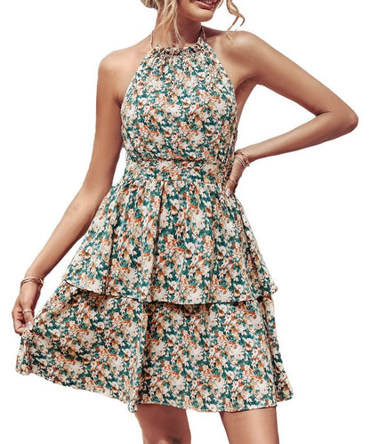 Ruffled A-Line Printed Halter Dress