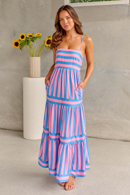 Striped Printed Long Dress With Pockets