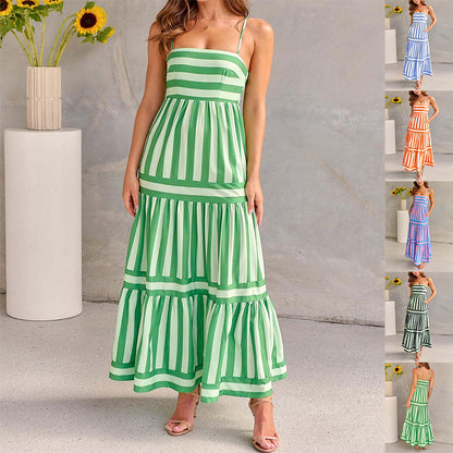 Striped Printed Long Dress With Pockets