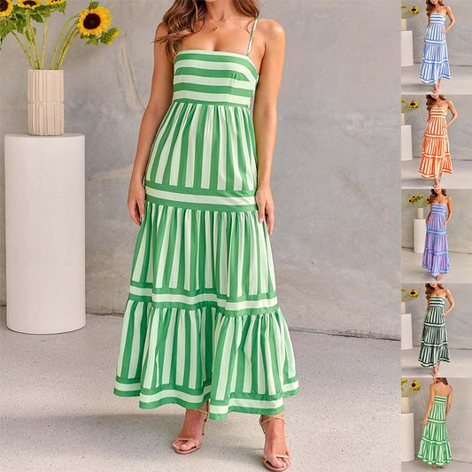 Striped Printed Long Dress With Pockets