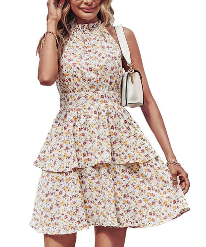 Ruffled A-Line Printed Halter Dress