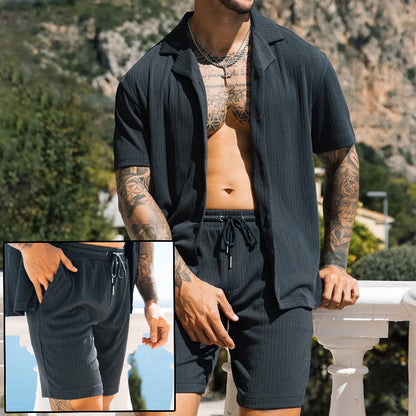 Lapel Button Shirts And Shorts Set
