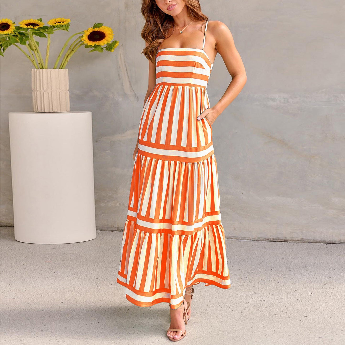 Striped Printed Long Dress With Pockets