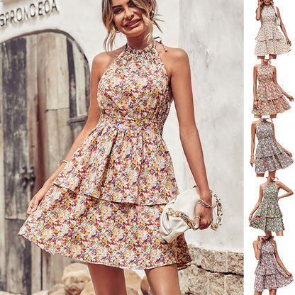 Ruffled A-Line Printed Halter Dress