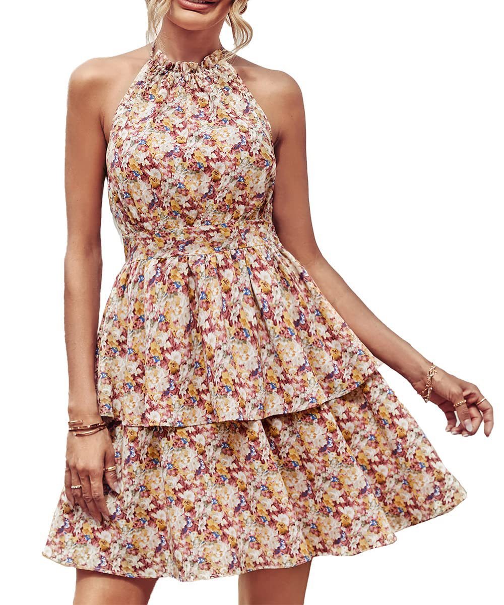 Ruffled A-Line Printed Halter Dress