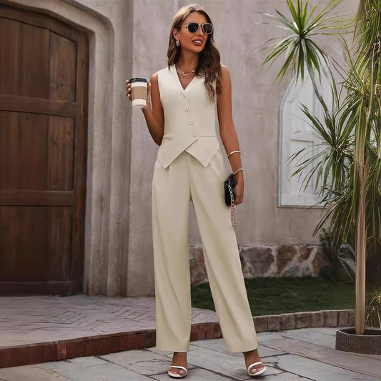 Sleeveless  Button And Staight Trouser Suit