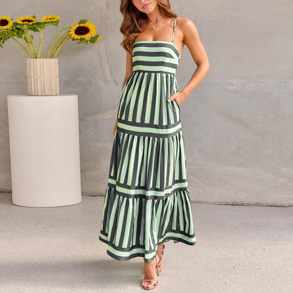 Striped Printed Long Dress With Pockets