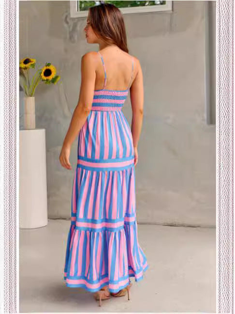 Striped Printed Long Dress With Pockets