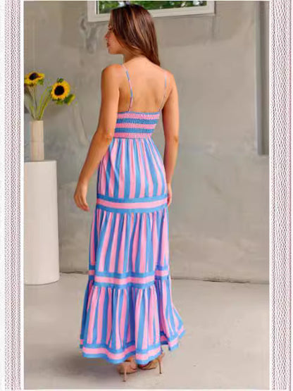 Striped Printed Long Dress With Pockets